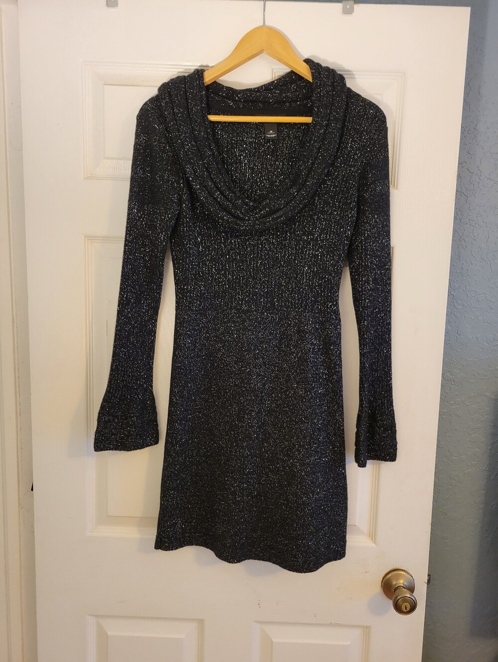 White House Black Market Black Metallic Knit Cowl Neck Sweater Dress Size M